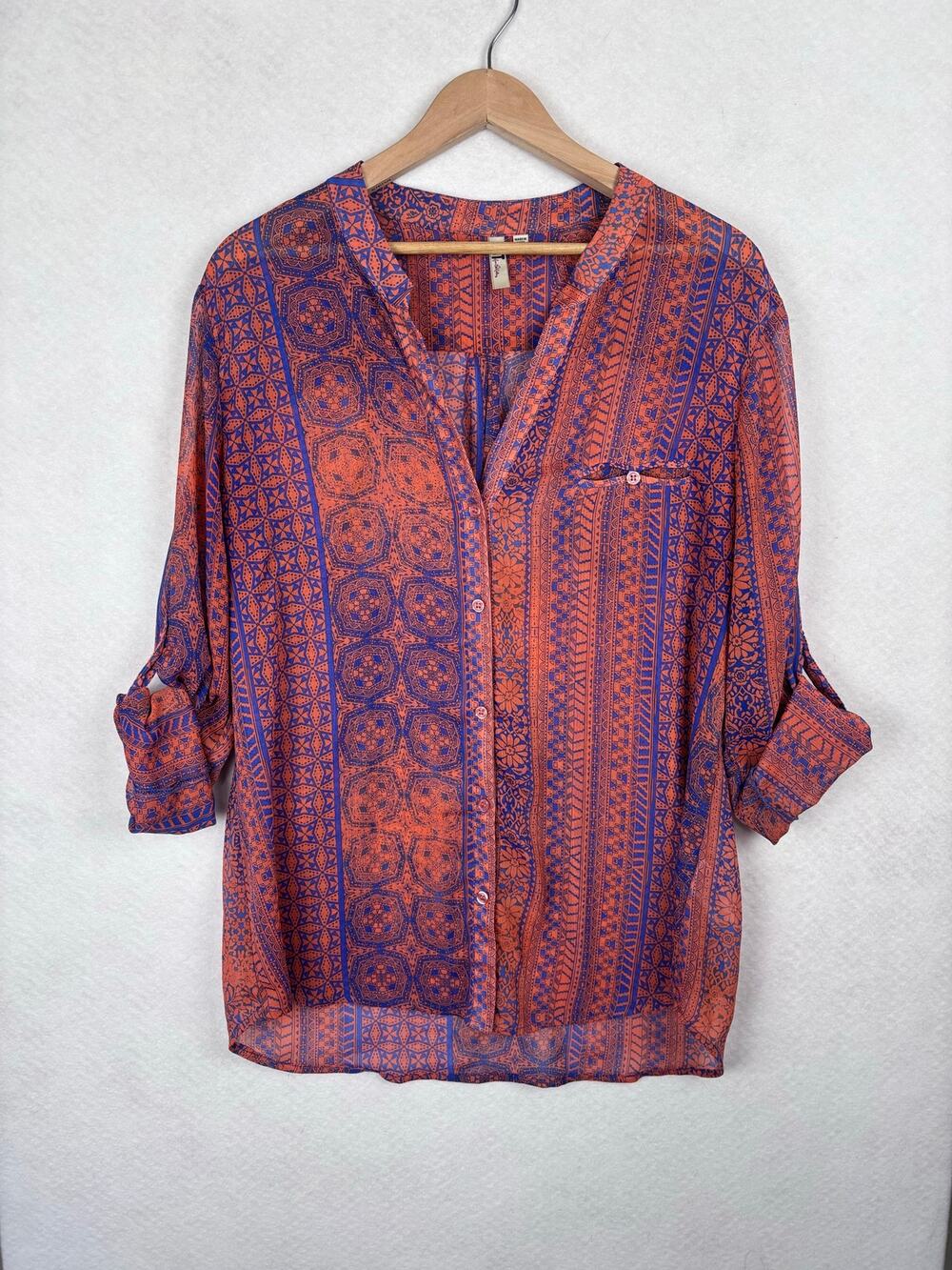 Kut Roll Tab Tunic Blouse XL Sheer Boho Tribal Print Business Lightweight Office